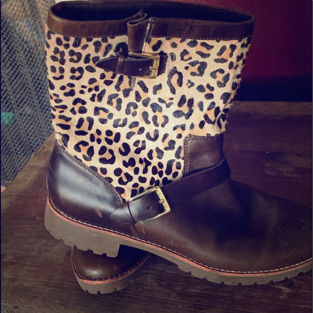 Sperry brown boots with leopard tops! Size 8